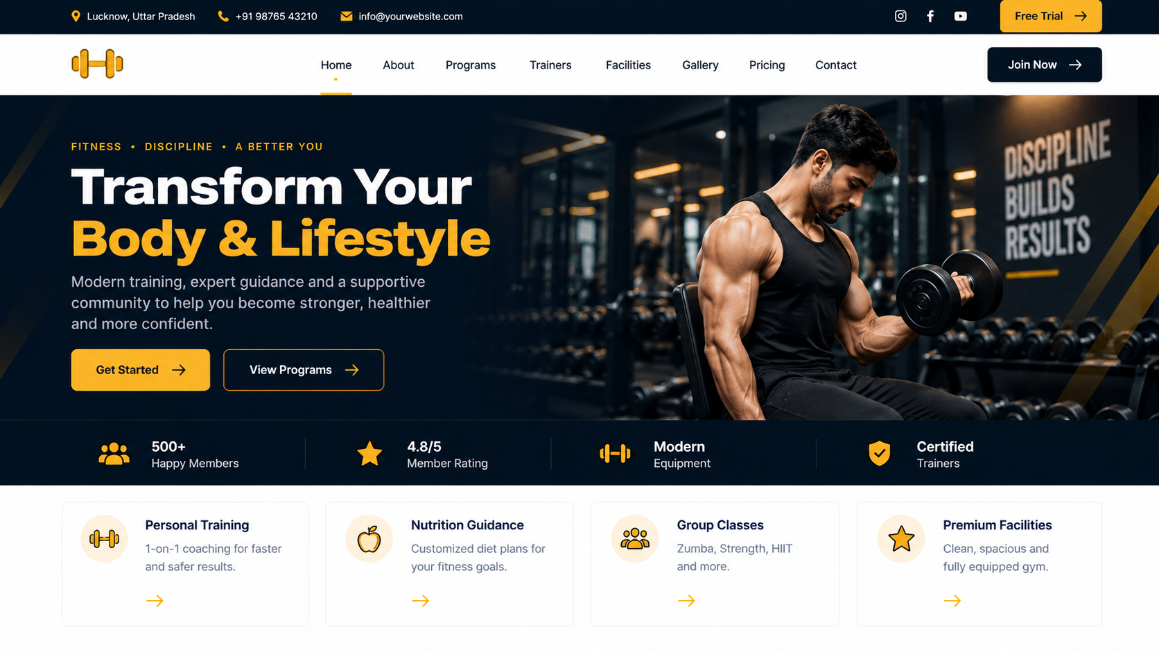 Concept homepage design for a fictional gym: a dark hero with the headline "Transform Your Body & Lifestyle", a man lifting a dumbbell, Get Started and View Programs buttons, and four service cards below.