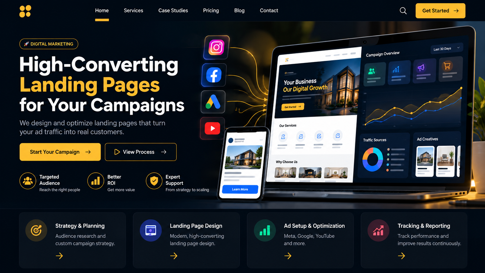 Concept design for a fictional digital marketing service: the headline "High-Converting Landing Pages for Your Campaigns" beside a laptop and phone showing a sample landing page, a campaign dashboard with placeholder data, and ad-platform icons.
