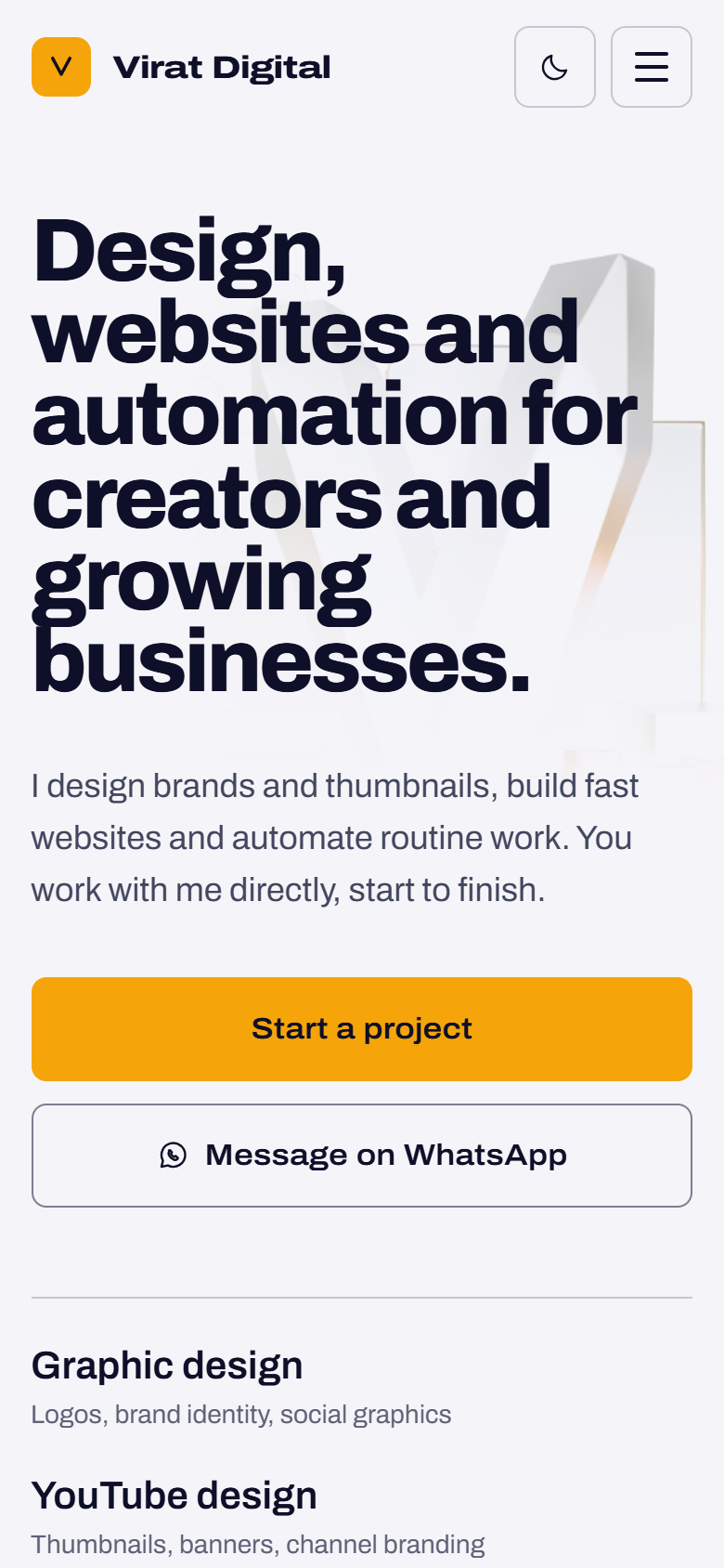 The home page on a phone in the light theme, with the headline broken over six short lines, a pale stone V behind it, and full-width buttons.