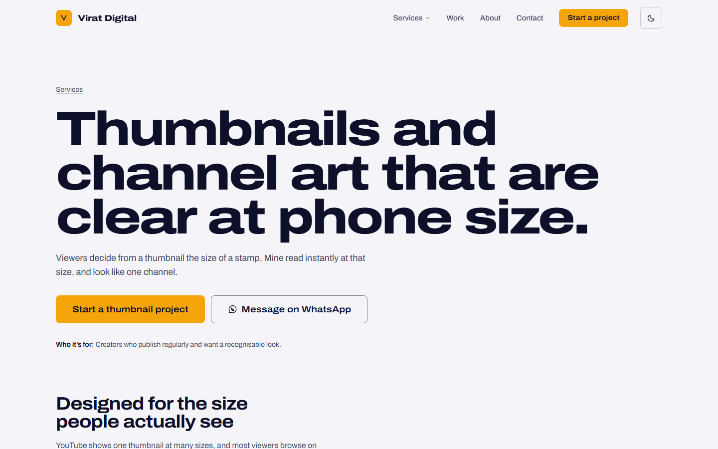 The YouTube design service page in the light theme, with the headline "Thumbnails and channel art that are clear at phone size".