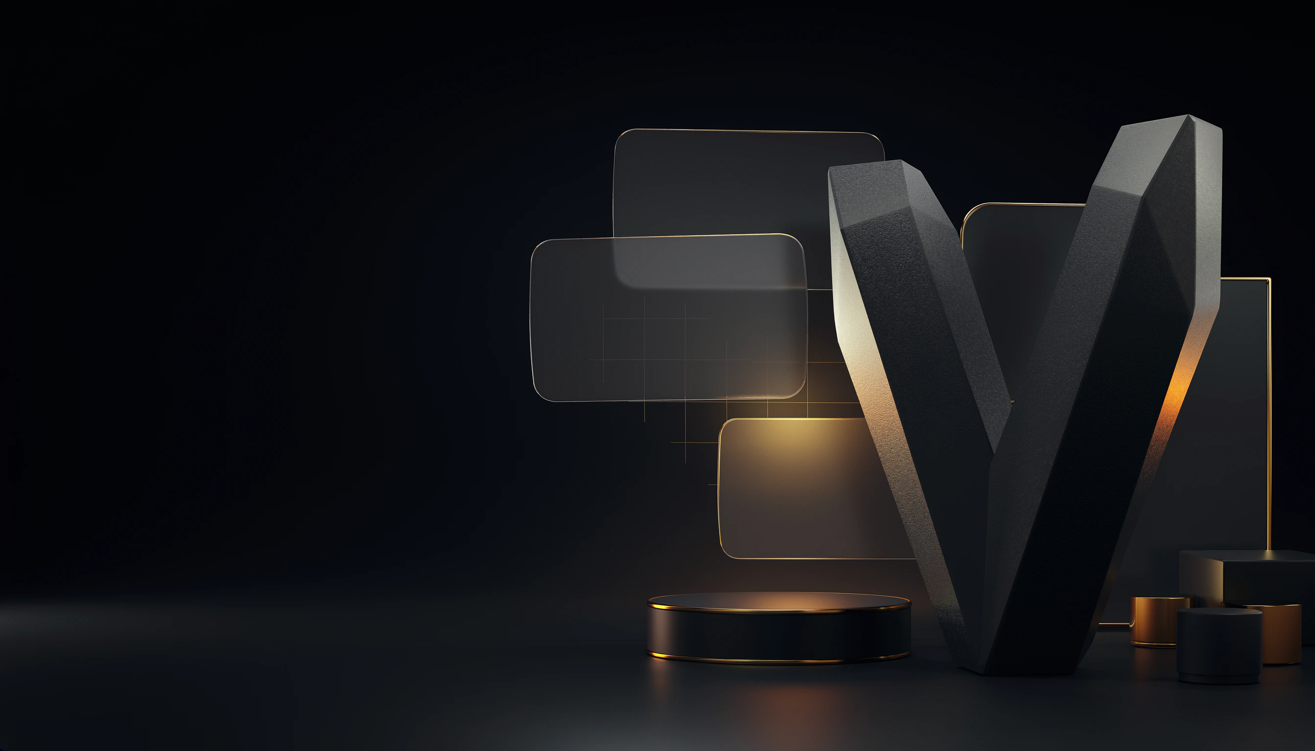 A sculpted dark letter V, the Virat Digital mark, among frosted glass panels and gold-rimmed shapes in low amber light.
