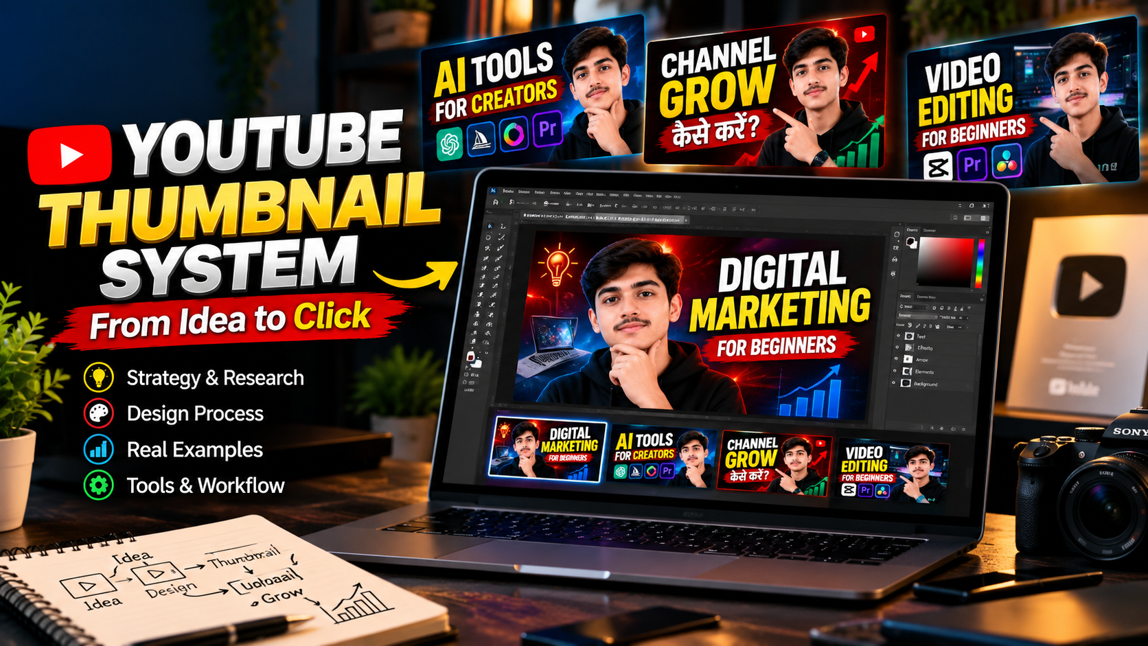 The YouTube thumbnail system for @viratdigitalmarketing, presented on a desk: the title "YouTube Thumbnail System, From Idea to Click", a laptop showing the "Digital Marketing for Beginners" thumbnail being designed, and three more thumbnails from the same template above it: "AI Tools for Creators", "Channel Grow" and "Video Editing for Beginners".